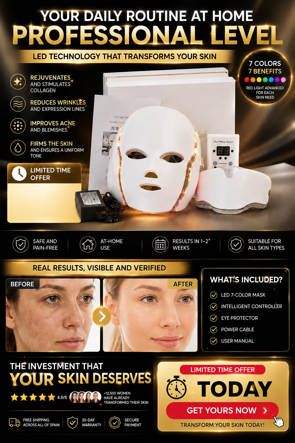 Red and Blue Light Therapy Face Mask, 7-Color LED Facial Mask